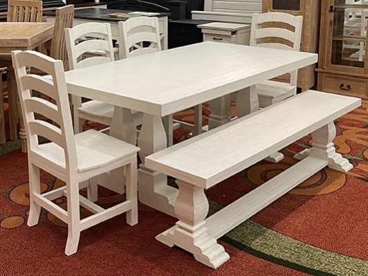 Frosted White 6'Pine Island Dining Table, 4 Chairs, 1 Bench